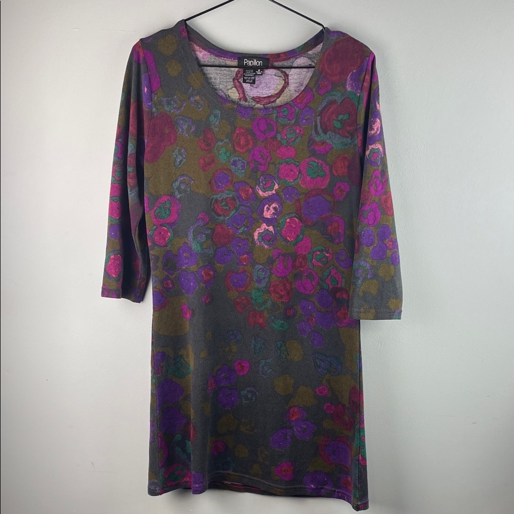 Papillon Floral Print Tunic Dress in Purple & Olive Size M